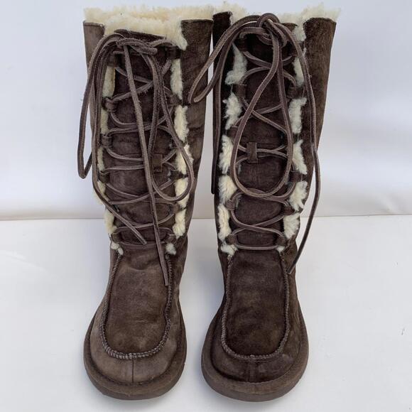 UGG Uptown II 5190 Tall Lace-up Boots Brown Suede Shearling Size 7 - Picture 1 of 15